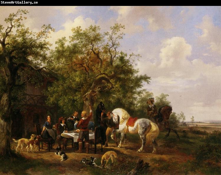 Wouterus Verschuur Compagny with horses and dogs at an inn